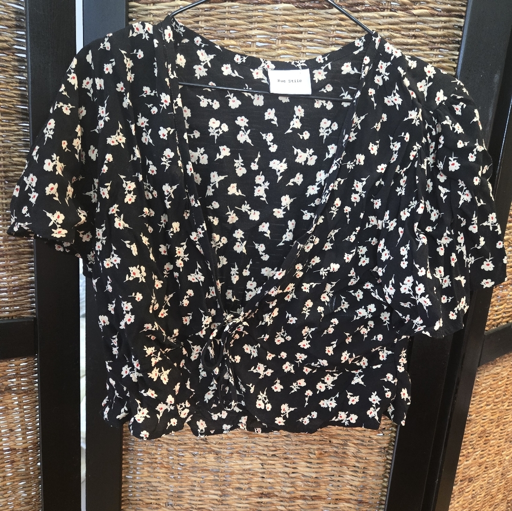 Black Floral Wrap Blouse